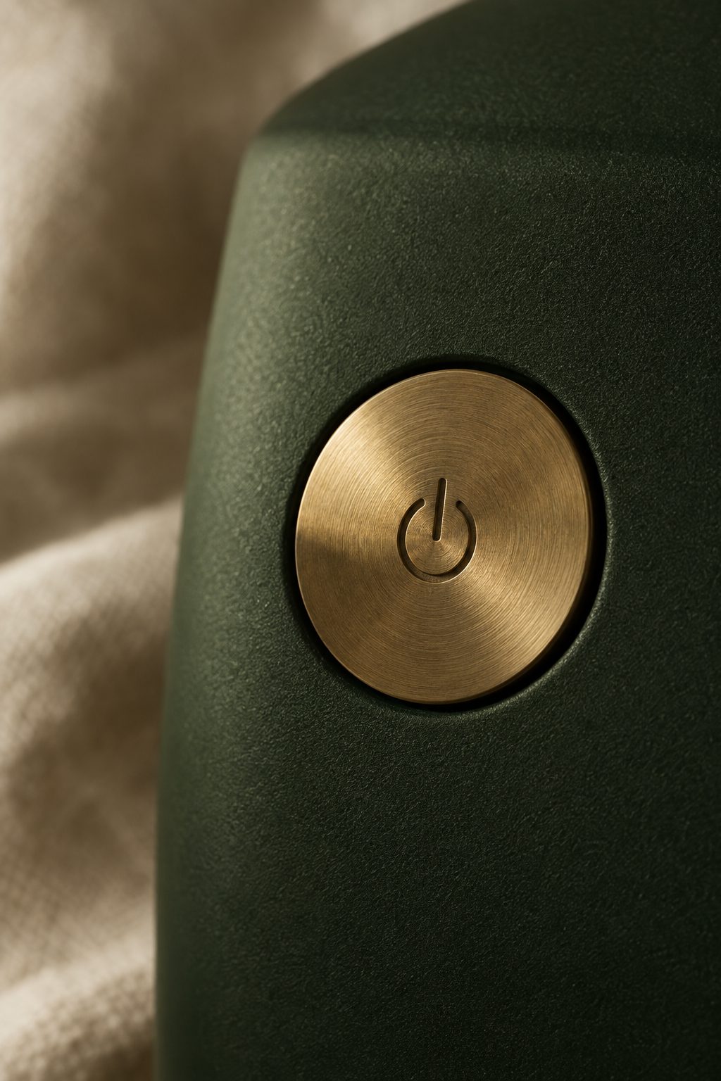 Macro of a brushed brass power button set into matte forest-green polycarbonate, with cream linen out of focus in the background.