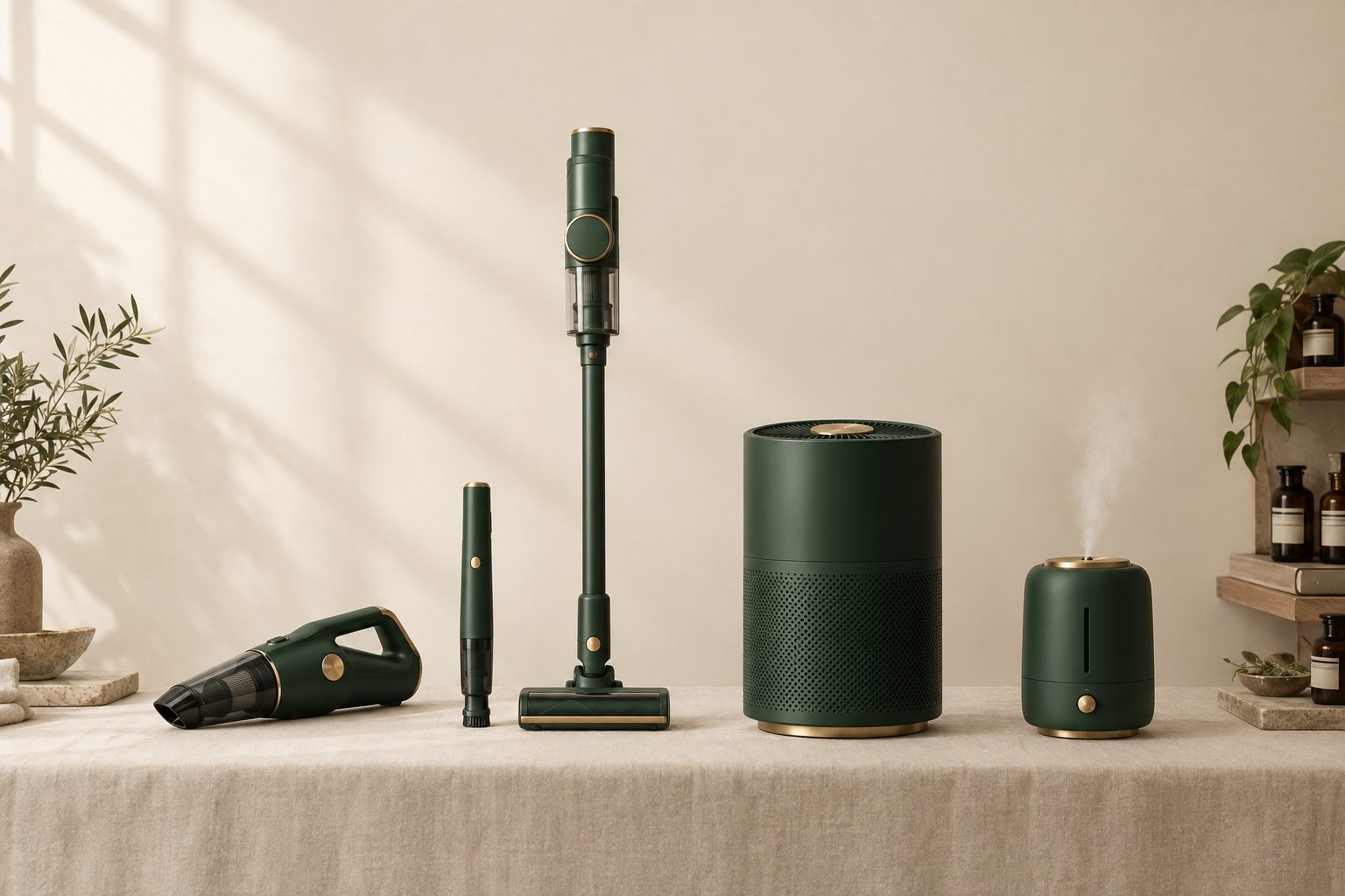 The AERIKAI collection — handheld car vacuum, slim pen vacuum, cordless stick vacuum, air purifier, humidifier — arranged on cream linen in matte forest green with brass details.