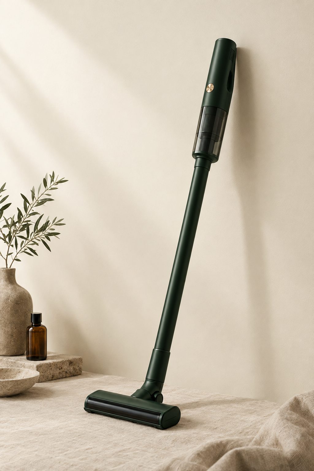 AERIKAI A-100, a matte forest green cordless stick vacuum with brass detail, leaning against a cream wall beside an olive branch and small brown bottle.