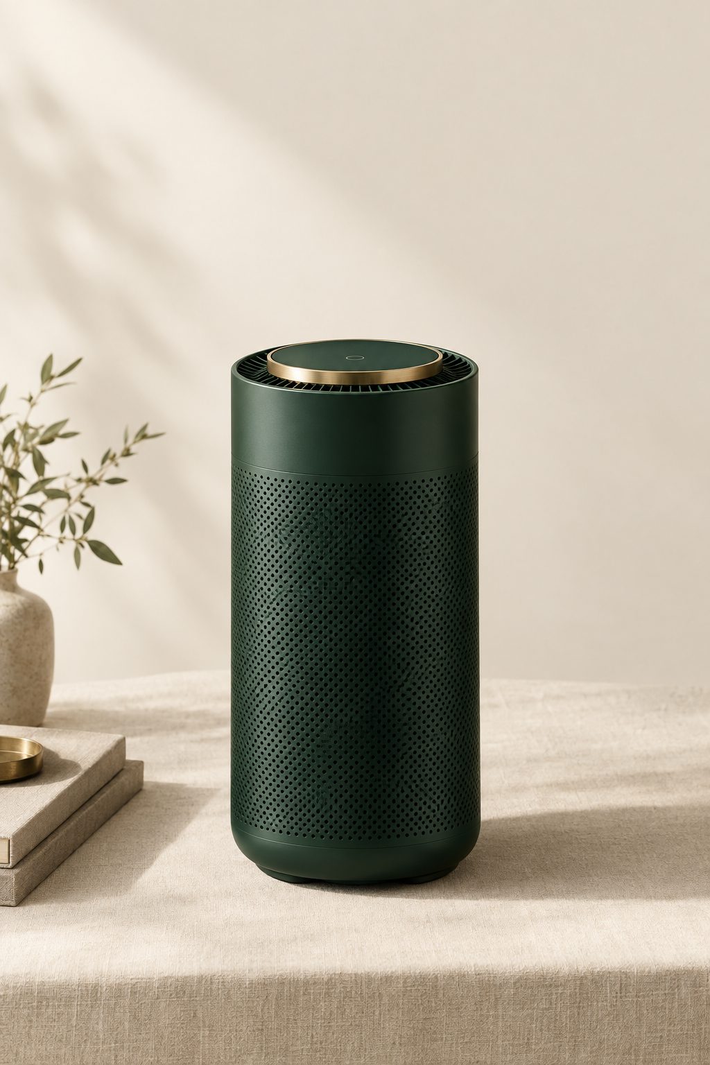 AERIKAI A-110, a cylindrical matte forest green HEPA air purifier with a brass control ring at the top, on cream linen beside an olive branch in a stone vessel.