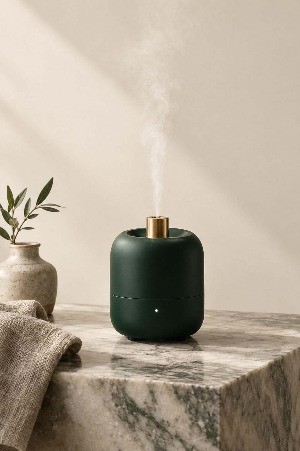 AERIKAI A-210, a small matte forest green ultrasonic humidifier with a brass mist nozzle emitting soft mist, on a marble surface beside a stone vessel and linen towel.